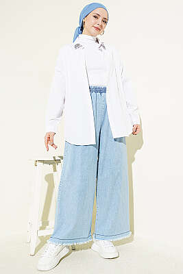 Paça Püsküllü Cepli Salaş Kot Pantolon Buz Mavisi - Pantolon