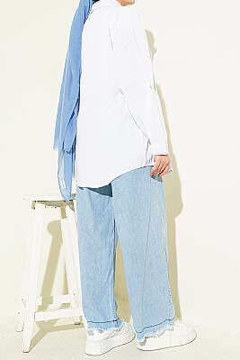 Paça Püsküllü Cepli Salaş Kot Pantolon Buz Mavisi - Pantolon