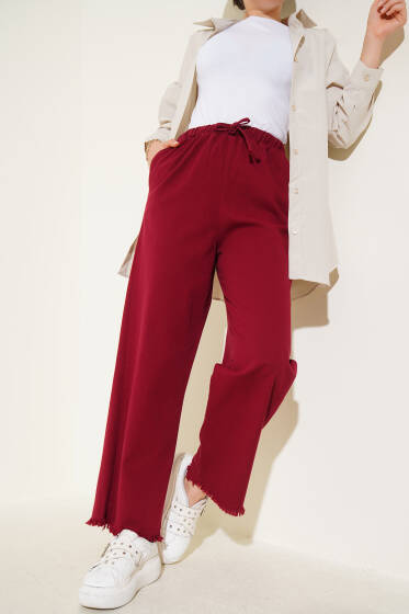 Paça Püsküllü İp Bağcık Detaylı Pantolon Bordo - Pantolon