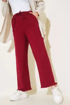 Paça Püsküllü İp Bağcık Detaylı Pantolon Bordo - Pantolon