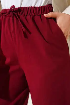 Paça Püsküllü İp Bağcık Detaylı Pantolon Bordo - Pantolon