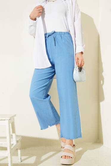 Paça Püsküllü İp Bağcık Detaylı Pantolon Mavi - Pantolon