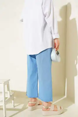 Paça Püsküllü İp Bağcık Detaylı Pantolon Mavi - Pantolon