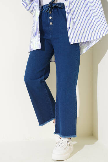 Paça Püsküllü Kendinden Kuşaklı Kot Pantolon Kot - Pantolon