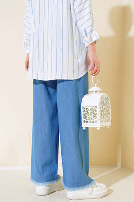 Paça Püsküllü Kot Pantolon Kot Mavisi - Kumaş Pantolon