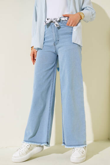 Paça Püsküllü Kuşaklı Kot Pantolon Mavi - Pantolon