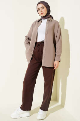 Paça Püsküllü Lastikli Gabardin Pantolon Kahve - Pantolon