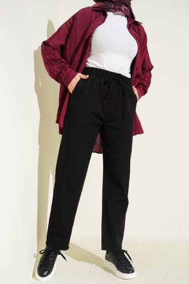 Paça Püsküllü Lastikli Gabardin Pantolon Siyah - Pantolon