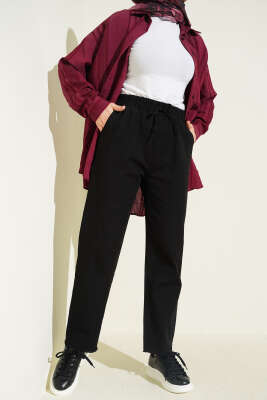 Paça Püsküllü Lastikli Gabardin Pantolon Siyah 