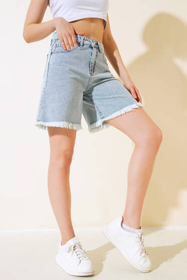 Paça Püsküllü Şort Açık Kot - Şort