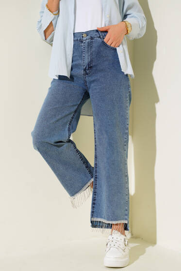 Paça Taşlı Kot Pantolon Kot Mavisi - Pantolon