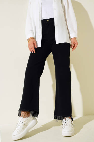 Paça Taşlı Kot Pantolon Siyah - Pantolon