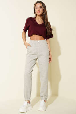 Paça ve Beli Lastikli Loyşa Pantolon Gri - Kadın Giyim Modelleri