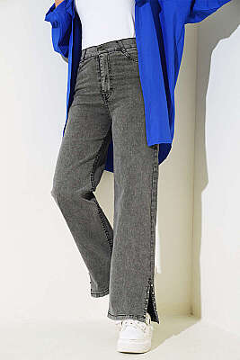 Paça Yanı Taşlı Kot Pantolon Füme - Pantolon