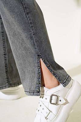 Paça Yanı Taşlı Kot Pantolon Füme - Pantolon