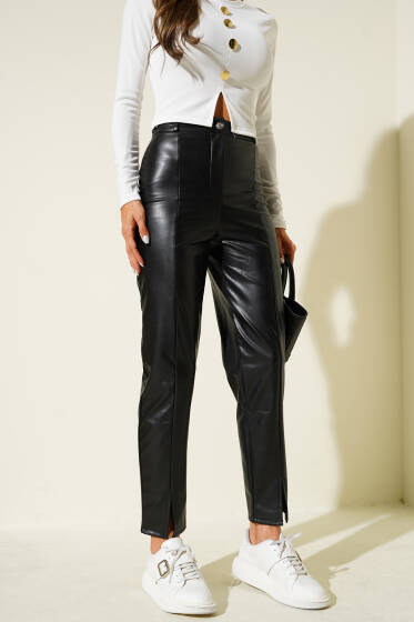 Paça Yırtmaçlı Deri Pantolon Siyah - Kadın Giyim Modelleri