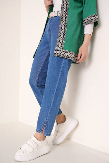 Paça Yırtmaçlı Jean Pantolon Orta Mavi - Pantolon