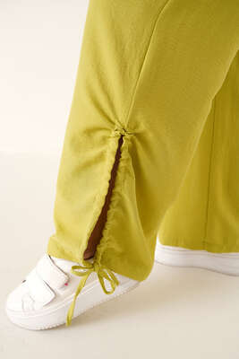 Paçası İpli Yırtmaçlı Pantolon Yağ Yeşili - Thumbnail