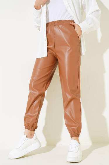 Paçası Lastikli Deri Pantolon Latte - Pantolon