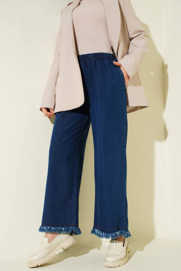 Paçası Püsküllü Bel Lastikli Kot Pantolon Mavi - Pantolon