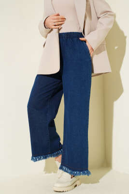 Paçası Püsküllü Bel Lastikli Kot Pantolon Mavi - Pantolon