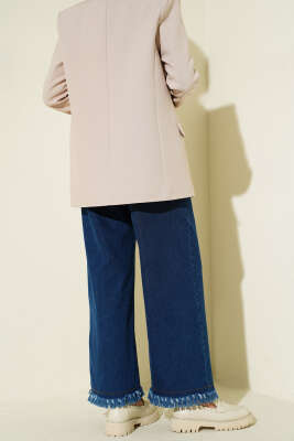 Paçası Püsküllü Bel Lastikli Kot Pantolon Mavi - Pantolon