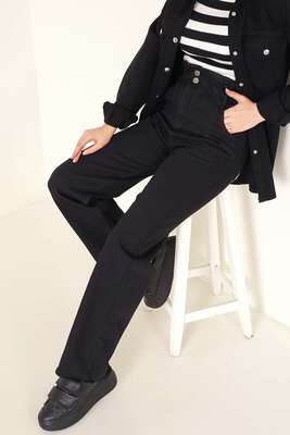 Paçası Püsküllü Beli Lastikli Jean Pantolon Siyah