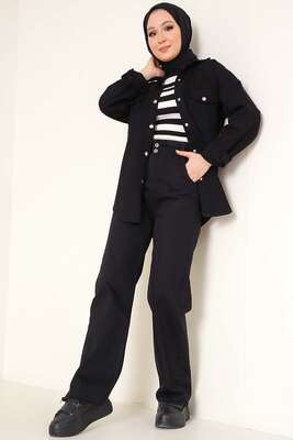 Paçası Püsküllü Beli Lastikli Jean Pantolon Siyah - Kot Pantolon