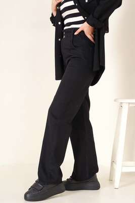 Paçası Püsküllü Beli Lastikli Jean Pantolon Siyah - Kot Pantolon