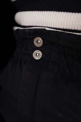 Paçası Püsküllü Beli Lastikli Jean Pantolon Siyah - Kot Pantolon