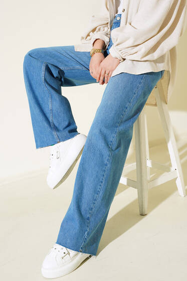 Paçası Püsküllü Palazzo Kot Pantolon Açık Mavi - Pantolon