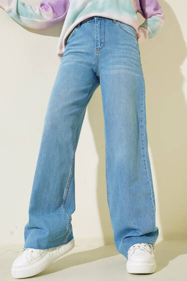 Paçası Püsküllü Palazzo Kot Pantolon Buz Mavisi - Pantolon