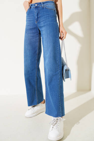 Paçası Püsküllü Palazzo Kot Pantolon Mavi - Pantolon