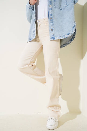 Paçası Püsküllü Palazzo Kot Pantolon Taş - Pantolon