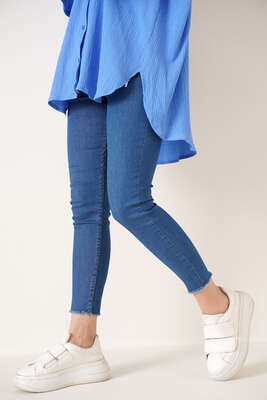 Paçası Püsküllü Skinny Jean Pantolon Orta Mavi - Kot Pantolon