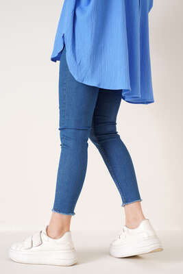 Paçası Püsküllü Skinny Jean Pantolon Orta Mavi - Kot Pantolon