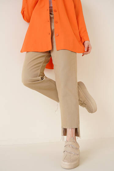 Paçası Taş Püsküllü Jean Pantolon Bej - Kot Pantolon