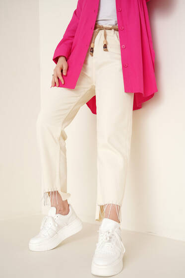 Paçası Taş Püsküllü Jean Pantolon Ekru - Kot Pantolon