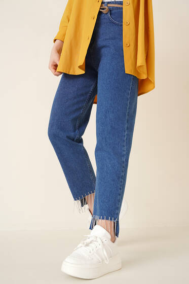 Paçası Taş Püsküllü Jean Pantolon Kot Mavisi - Kot Pantolon