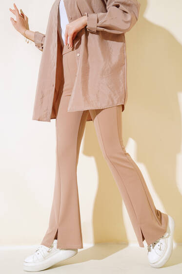 Paçası Yırtmaçlı İspanyol Paça Pantolon Bej - Pantolon