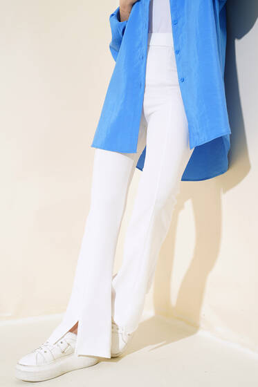 Paçası Yırtmaçlı İspanyol Paça Pantolon Ekru - Pantolon