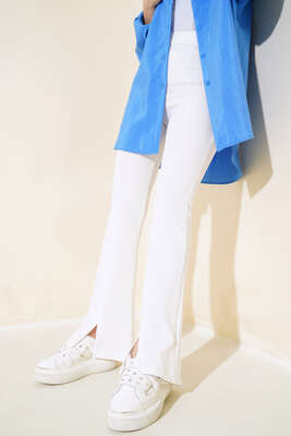 Paçası Yırtmaçlı İspanyol Paça Pantolon Ekru - Pantolon