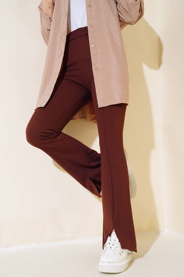 Paçası Yırtmaçlı İspanyol Paça Pantolon Kahve - Pantolon