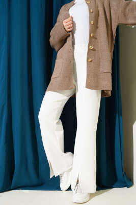 Paçası Yırtmaçlı Scuba Pantolon Beyaz - Pantolon