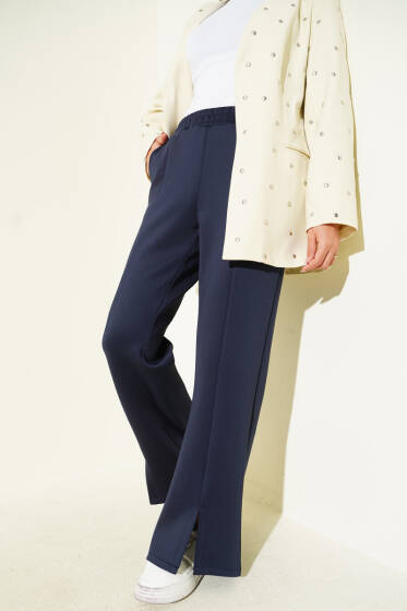 Paçası Yırtmaçlı Scuba Pantolon Lacivert - Pantolon