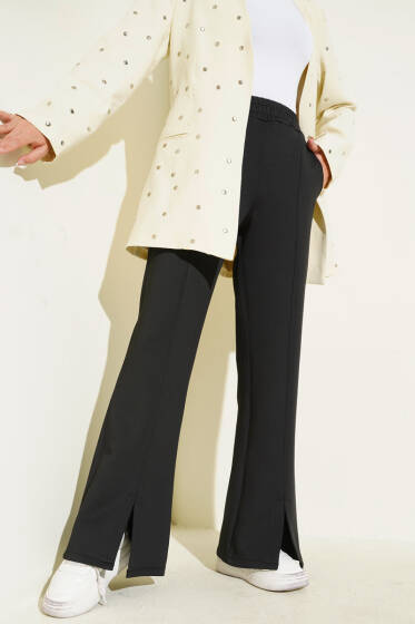 Paçası Yırtmaçlı Scuba Pantolon Siyah - Pantolon