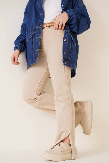 Paçası Yırtmaçlı Yüksek Bel Jean Pantolon Bej - Kot Pantolon
