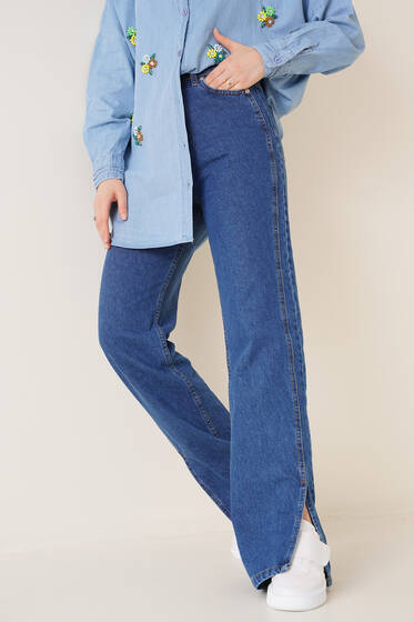 Paçası Yırtmaçlı Yüksek Bel Jean Pantolon Kot Mavisi - Kot Pantolon