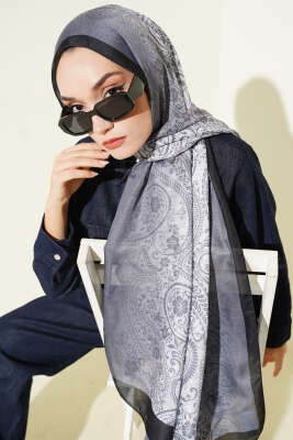 Paisley Çiçek Desen Şal Antrasit 