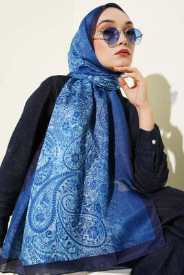 Paisley Çiçek Desen Şal Lacivert - Başörtüsü